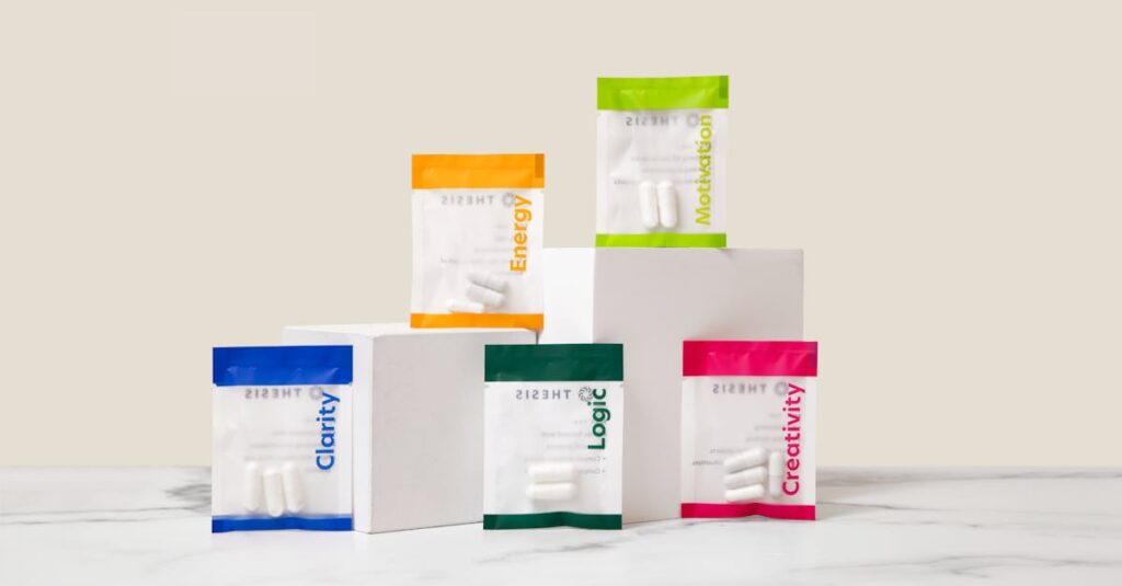 Vibrant display of nootropic supplements showcasing energy, motivation, creativity, and clarity on white blocks.