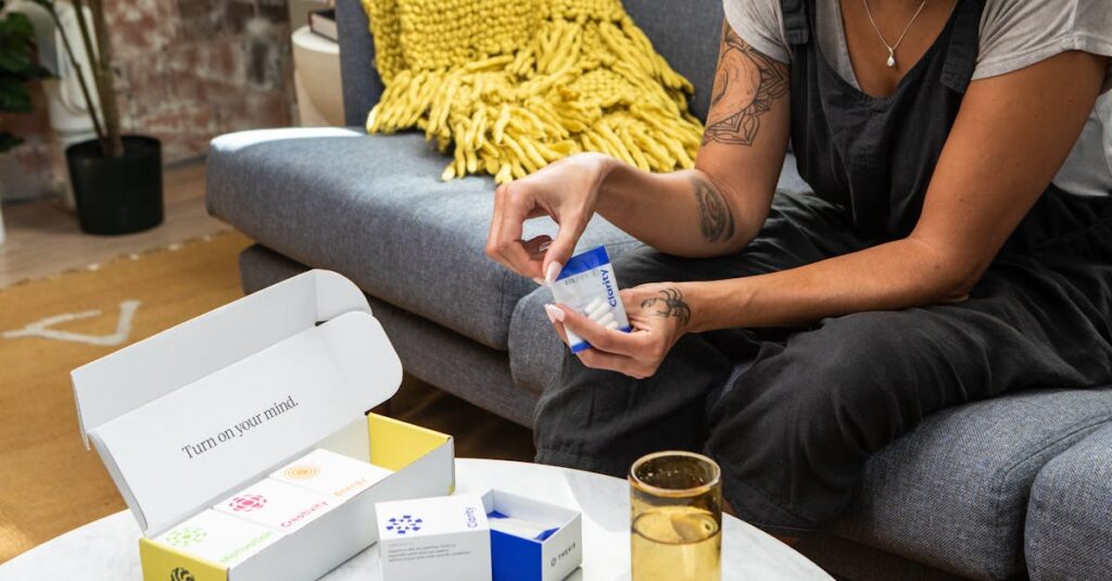 A woman sitting on a sofa examining nootropic supplements, promoting wellness and clarity.