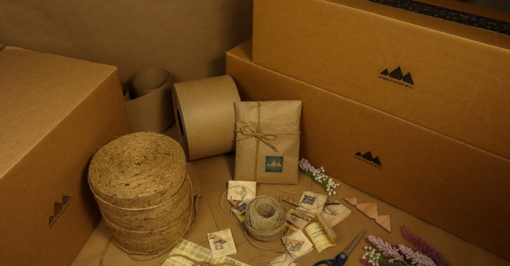 Explore a variety of eco-friendly packaging materials including boxes, kraft paper, and twine for sustainable shipping solutions.