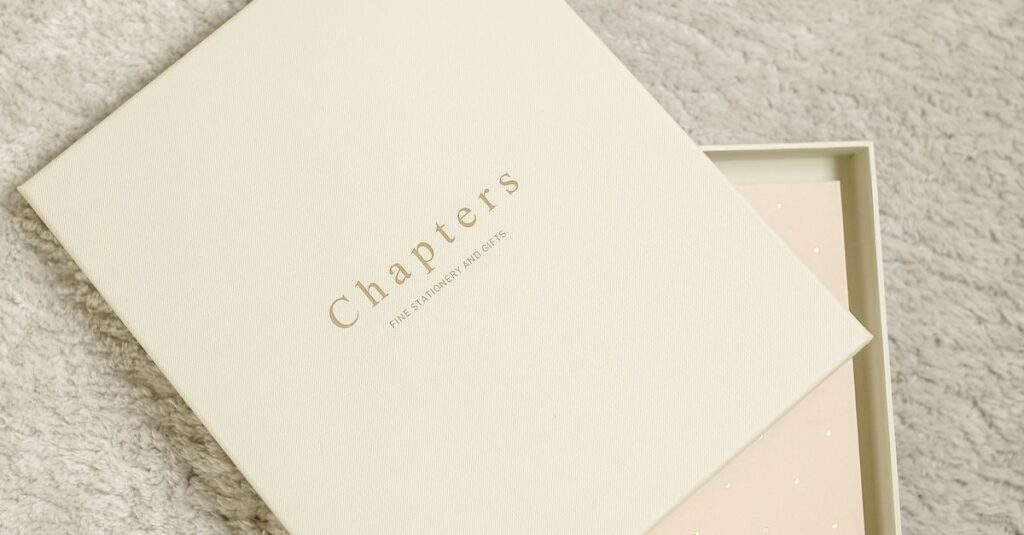 An open beige box and stationery against a soft, textured surface. Ideal for office supplies theme.