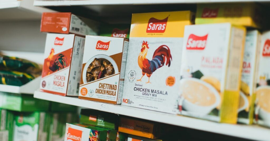Assortment of Indian spice mixes on a grocery store shelf, featuring colorful packaging.