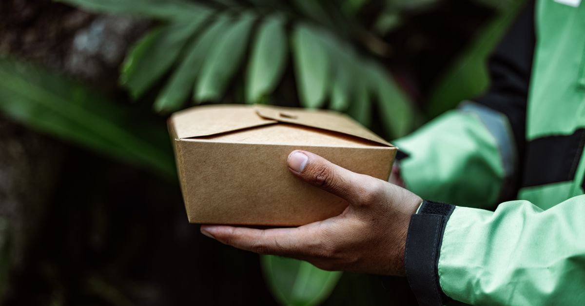 Hands holding an eco-friendly cardboard food box outdoors. Sustainable delivery concept.