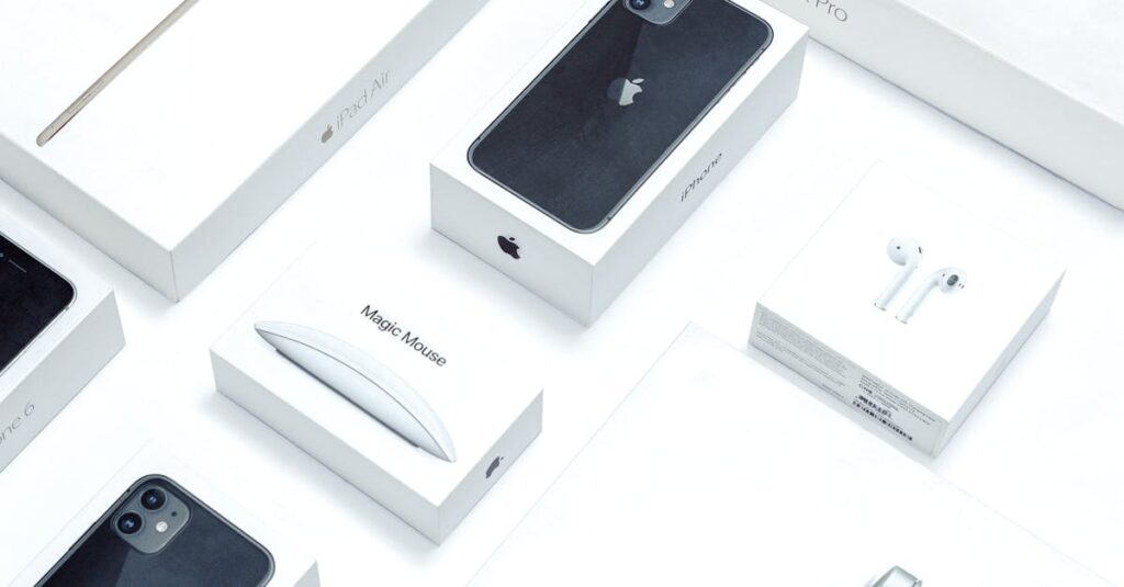Flat lay of assorted Apple product boxes showcasing technology packaging design.