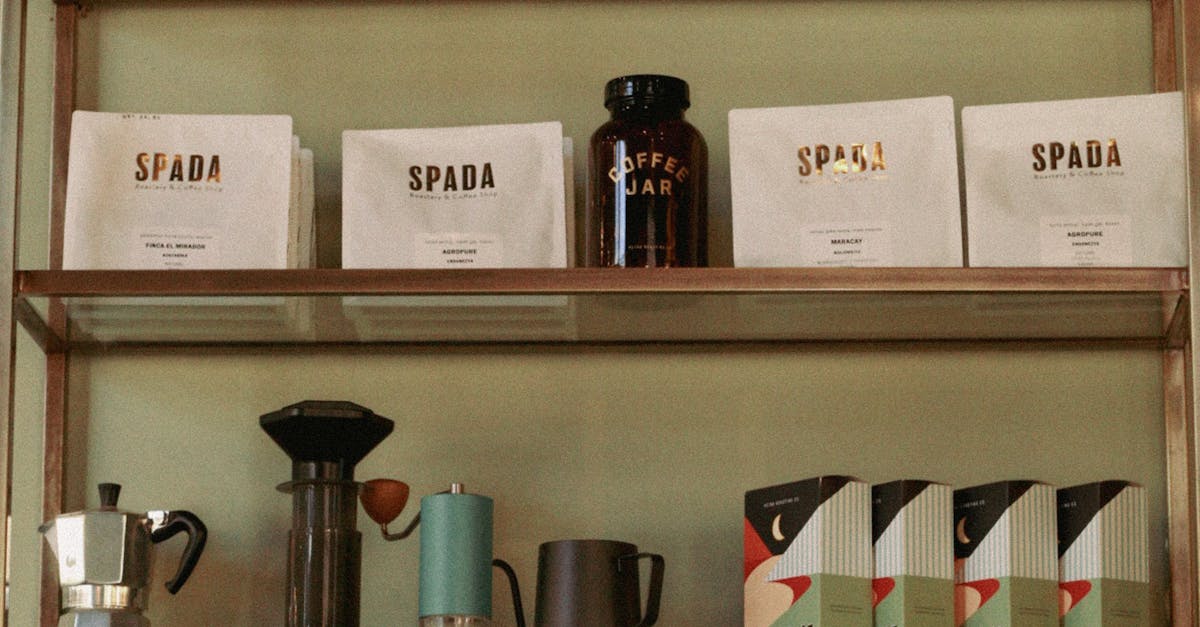 A rustic shelf showcasing various coffee products in an indoor setting.