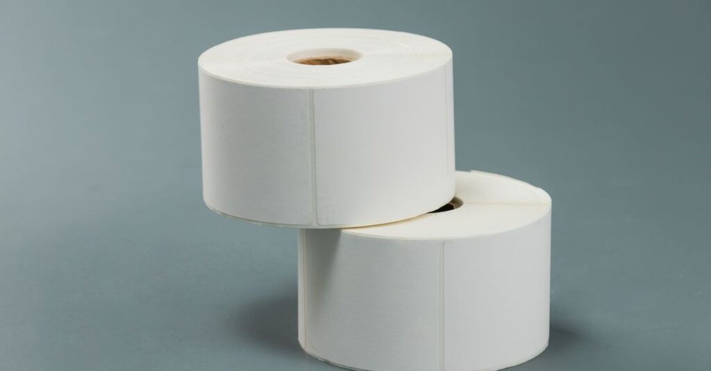 A minimalist composition of two white paper rolls stacked against a grey backdrop.