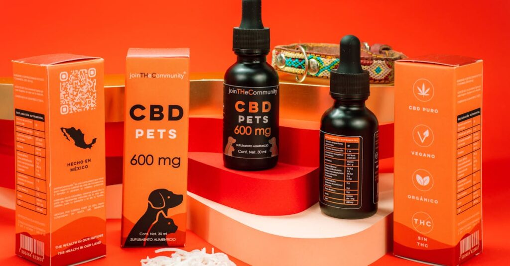 CBD pet product display with colorful packaging and a bold red backdrop.