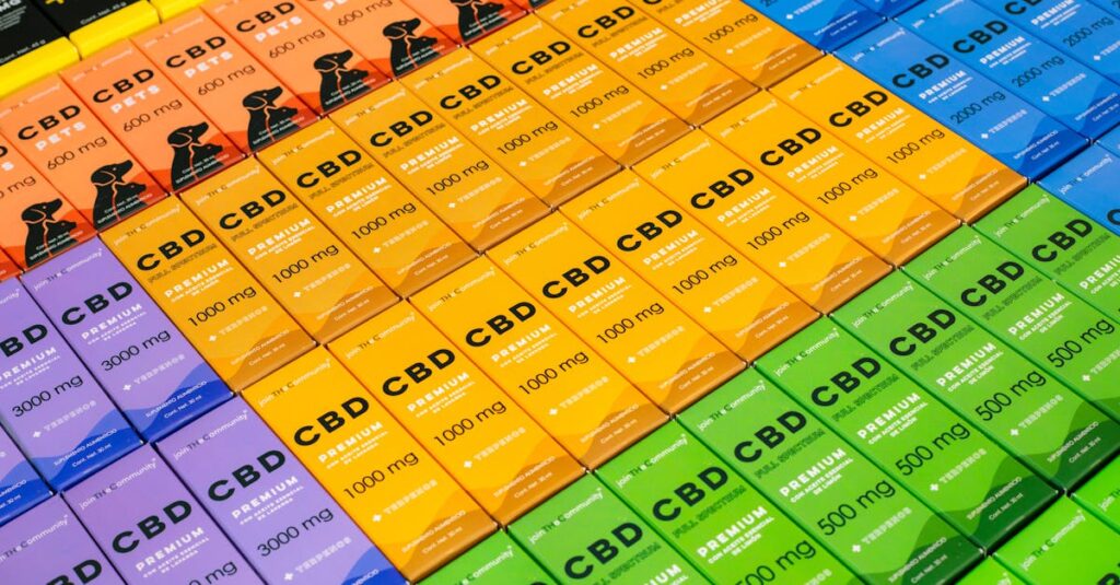 A vibrant array of CBD product boxes in various colors, photographed in Mexico City.
