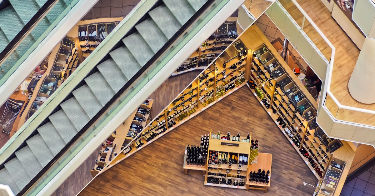 Aerial view of a stylish shopping mall showcasing escalators and well-organized retail displays.