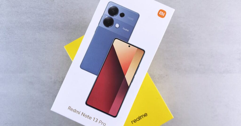 Close-up of Redmi Note 13 Pro phone box with sleek design on neutral background.