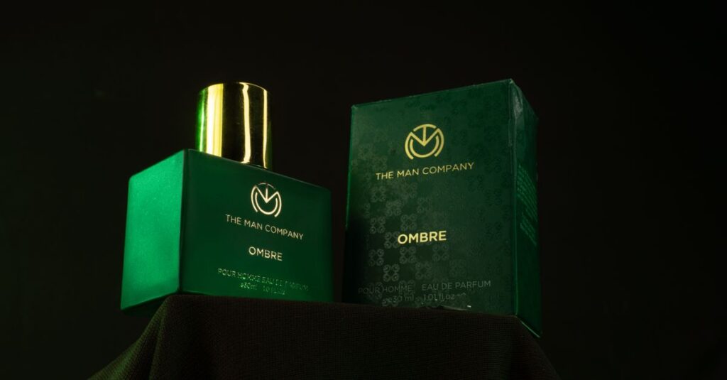 The Man Company Ombre fragrance bottle and box displayed elegantly against a dark background.