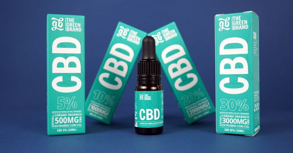 High-quality CBD oil products in branded packaging against a blue background.