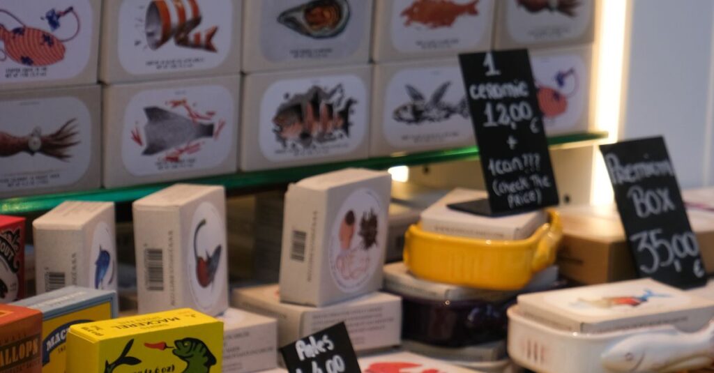 Vibrant assortment of canned seafood in a market setting.