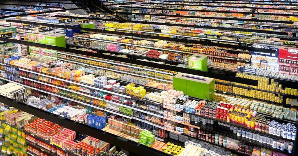 Aerial view of supermarket aisles filled with colorful products and packaging.