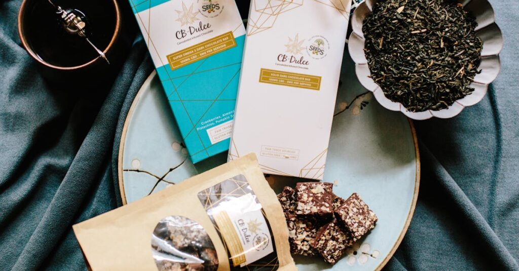 Flat lay of CBD Dulce dark chocolate bars and ingredients on a table setting.