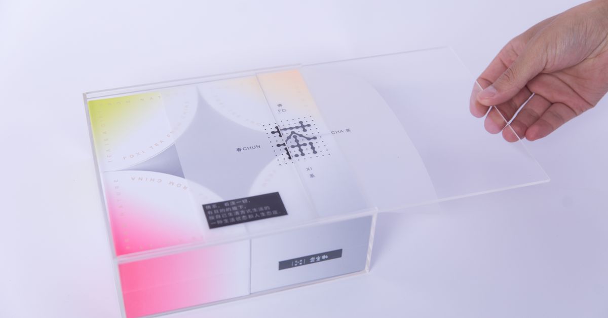 Sleek packaging design with a hand opening a transparent lid, showcasing elegant typography.