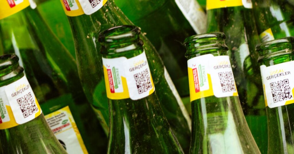 Collection of recyclable green glass bottles in a container, emphasizing sustainability.