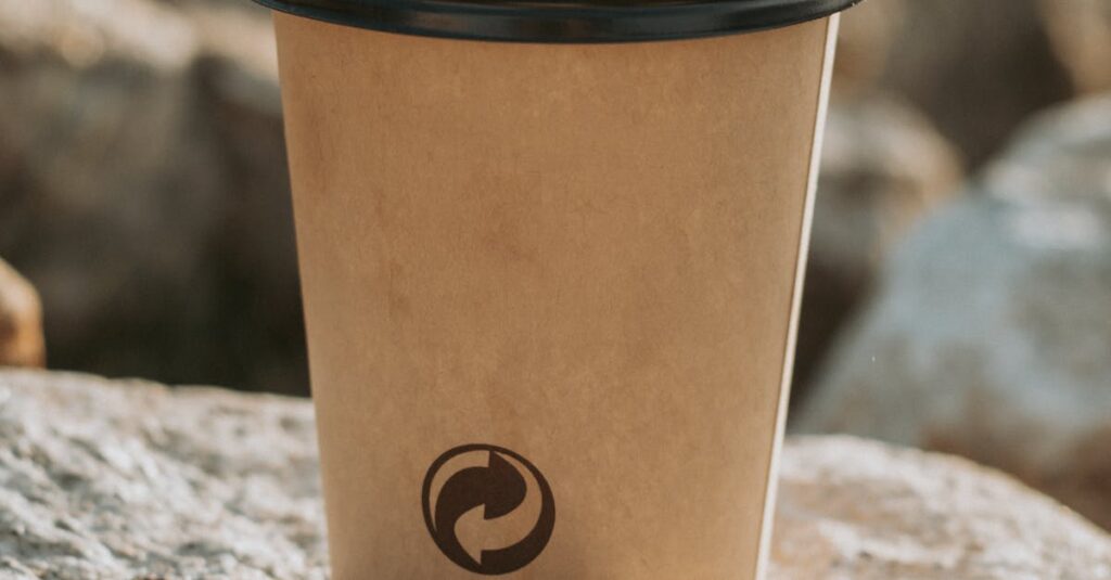 Eco-friendly paper coffee cup resting on a stone outdoors.
