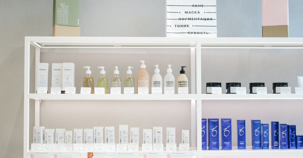 Well-organized skincare product display on shelves in a store setting.