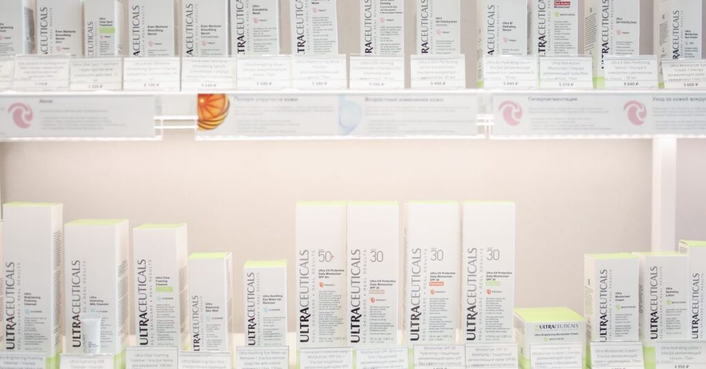 Neatly arranged Ultraceuticals skincare products on bright store shelves.