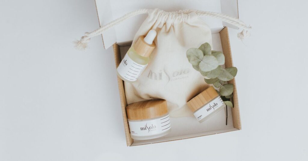 A flat lay of eco-friendly cosmetics including serum and cream in sustainable packaging.