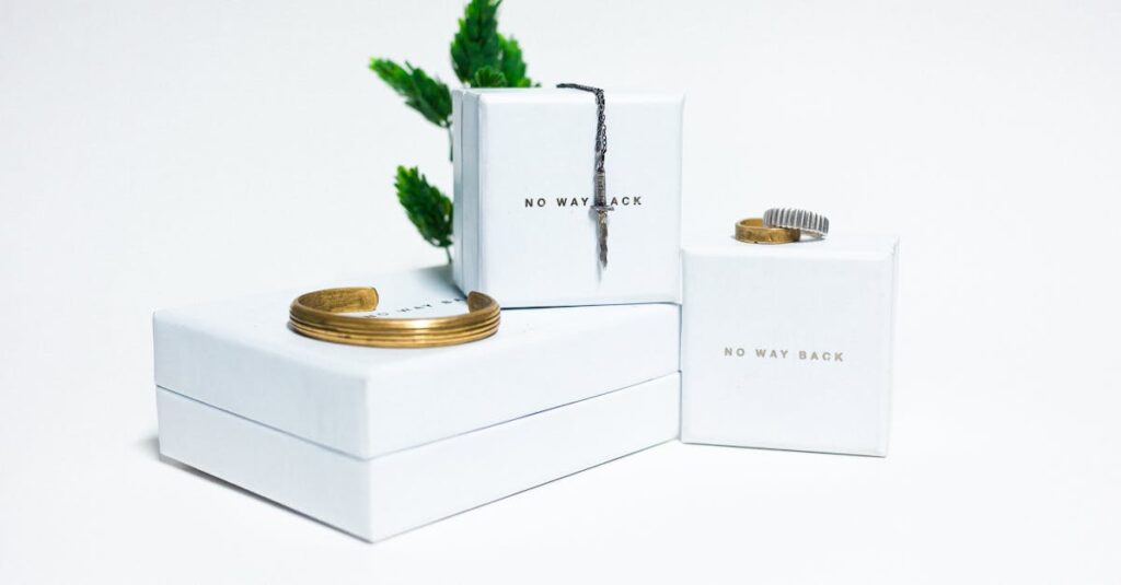Minimalist display featuring elegant jewelry on white boxes, ideal for upscale presentations.
