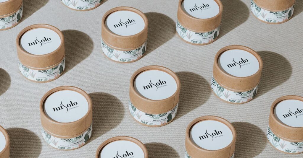 Patterned display of eco-friendly cosmetic jars highlighting sustainable beauty packaging.