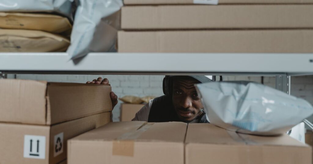 Warehouse worker inspecting shipment packages on shelves, ensuring quality and accuracy in logistics.
