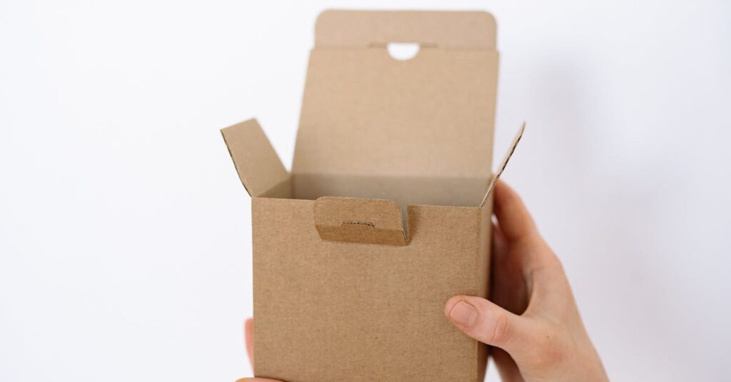 Close-up of hands holding an open cardboard box for packaging or shipping.