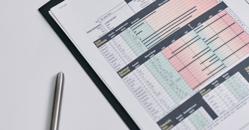 A hair mineral analysis report displayed on a clipboard photographed from above, with a pen nearby.