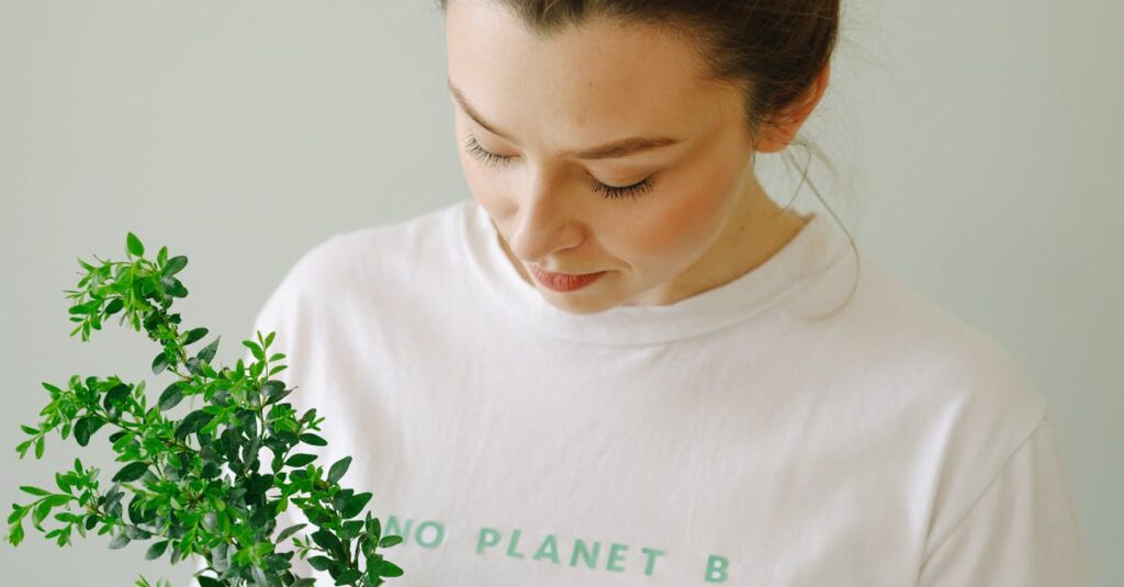 Woman in white shirt holds a potted plant with 'save the planet' tag, promoting eco-awareness.
