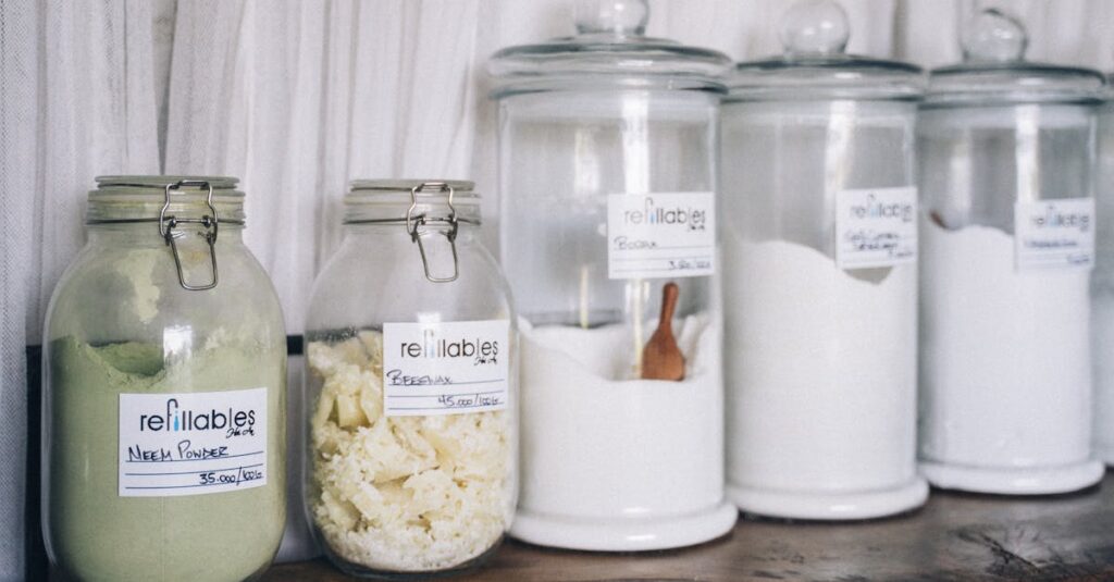 Assorted refillable glass jars containing organic products on display.