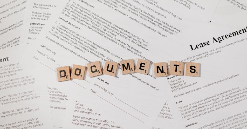 Top view of scrabble tiles spelling 'DOCUMENTS' on various contracts and agreements.