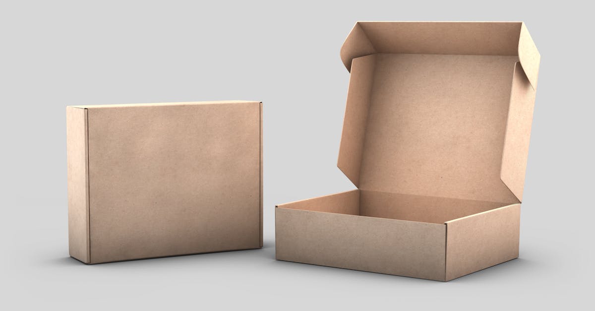 Two cardboard boxes, one closed and one open, on a white background for packaging concepts.