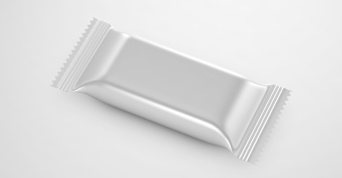 A minimalist silver candy wrapper mockup on a white background, perfect for branding.