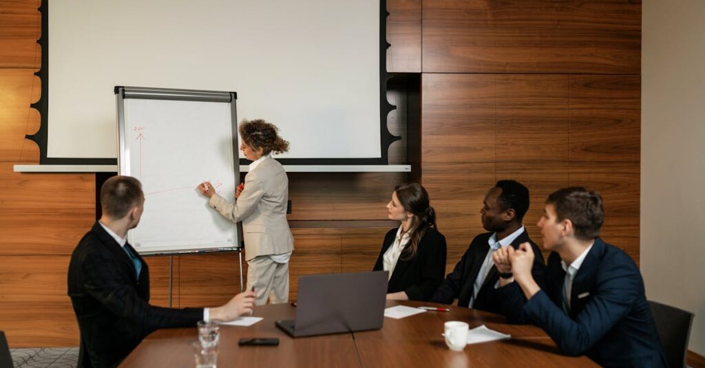 A professional team engaged in a conference room meeting with a presentation.