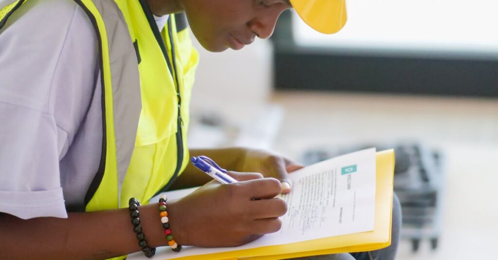 Female engineer wearing safety gear takes notes at a construction site.