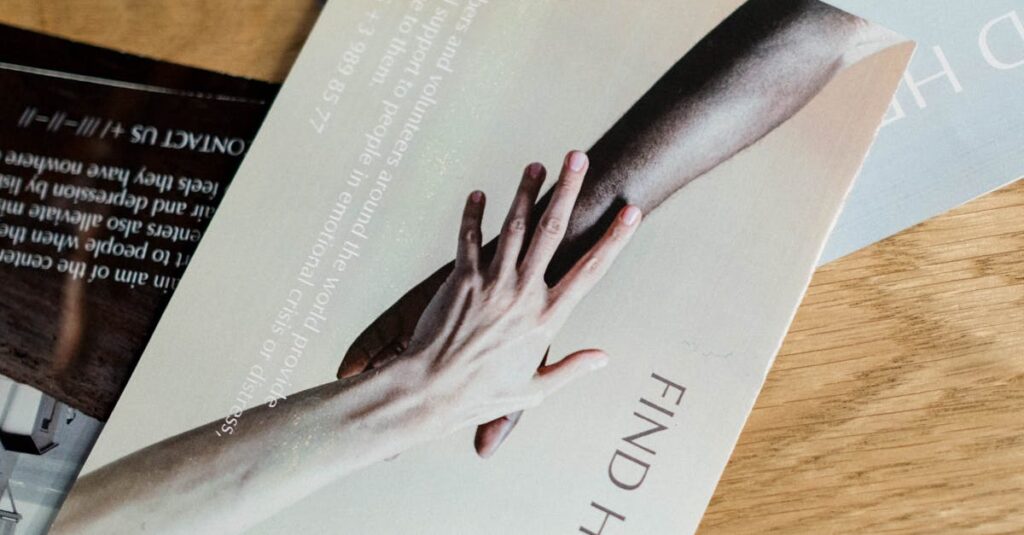 Brochures on seeking mental health support with helping hands imagery.