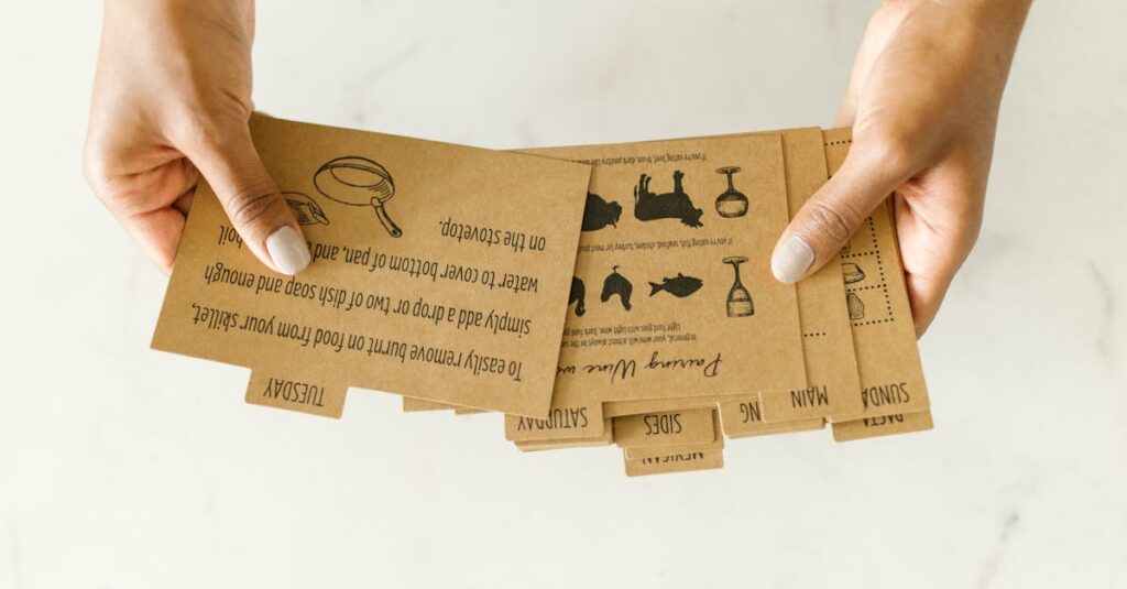 Brown kraft paper recipe cards held by hand on light background.