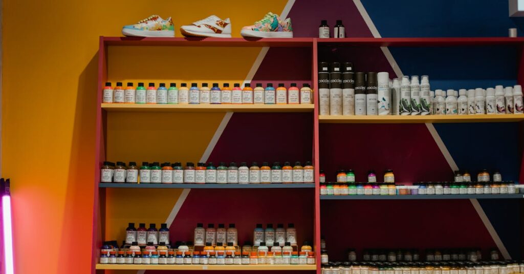 Colorful bottles and shoes arranged neatly on a vibrant geometric shelf display.