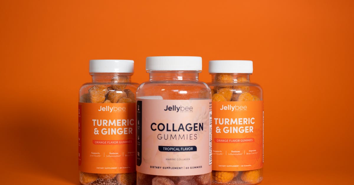 Colorful gummies with turmeric and collagen supplements in product shot.