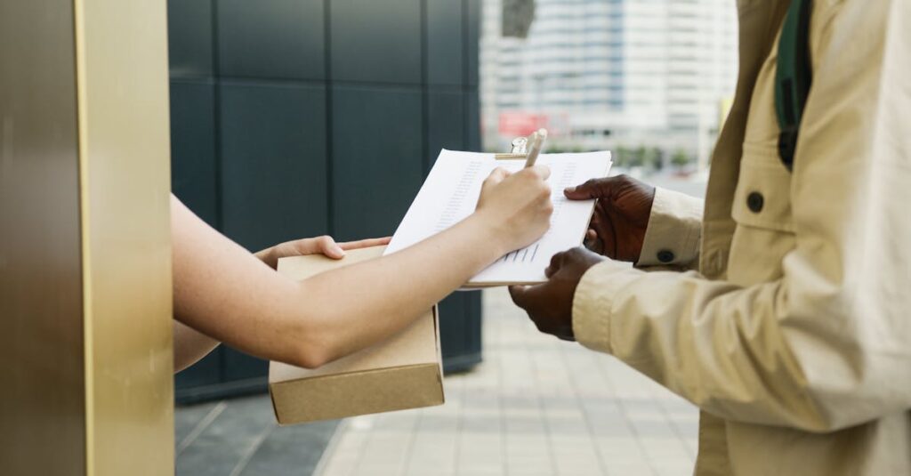 An outdoor scene of a package being delivered and a receipt being signed.