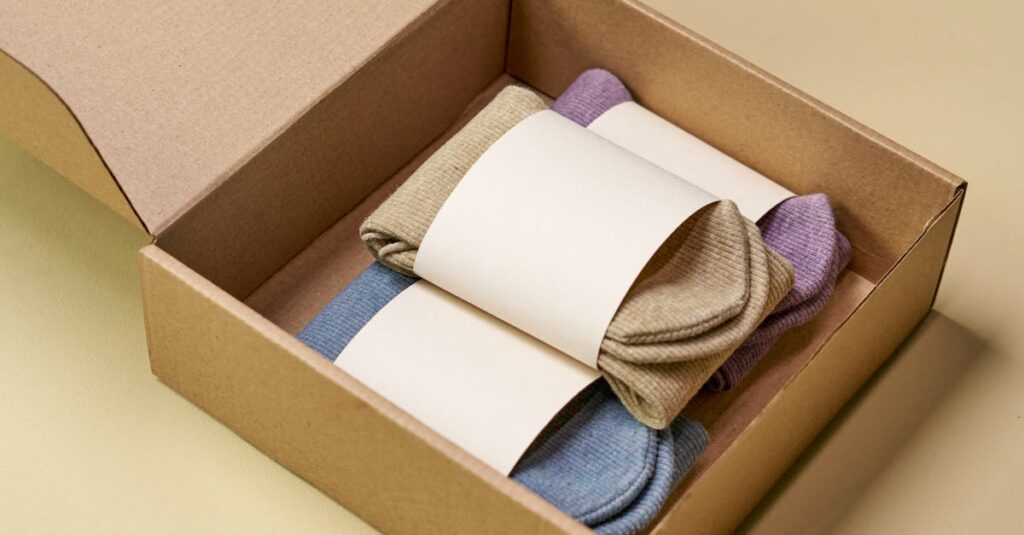 Minimalist cardboard box with colorful eco-friendly socks on neutral background.