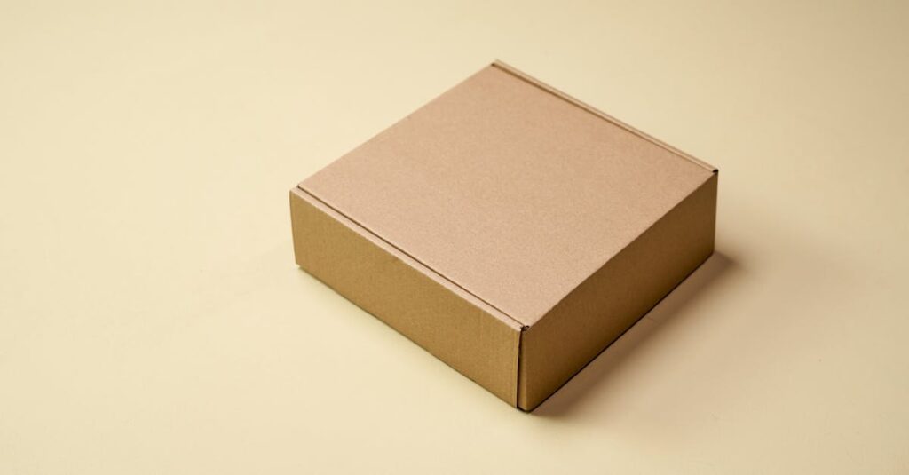 Simple cardboard box displayed on a neutral surface, ideal for product packaging visuals.
