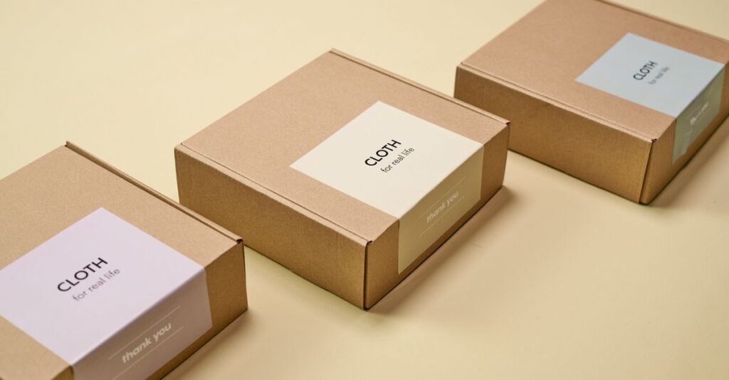 Three minimalist cardboard packages labeled 'CLOTH' on a yellow background.