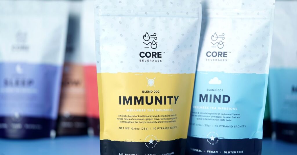 Vibrant packaging of wellness tea blends highlighted with focus on immunity and mind infusions.